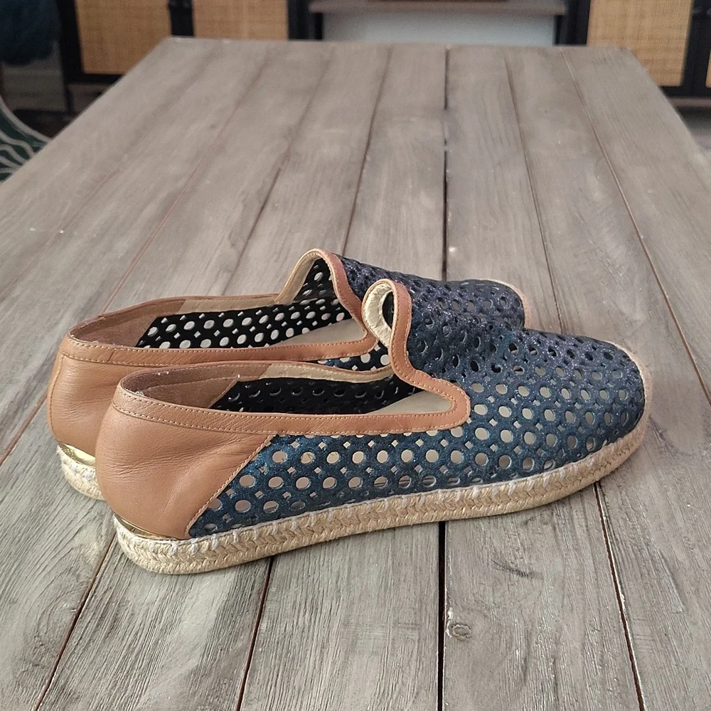 Stuart Weitzman Metallic Blue Glitter Laser Cut County Espadrilles Size EU 40